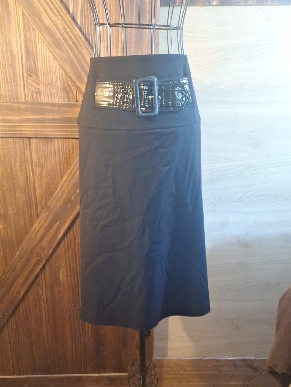 Classic Black A-Line Skirt with Croc-Trim Belt